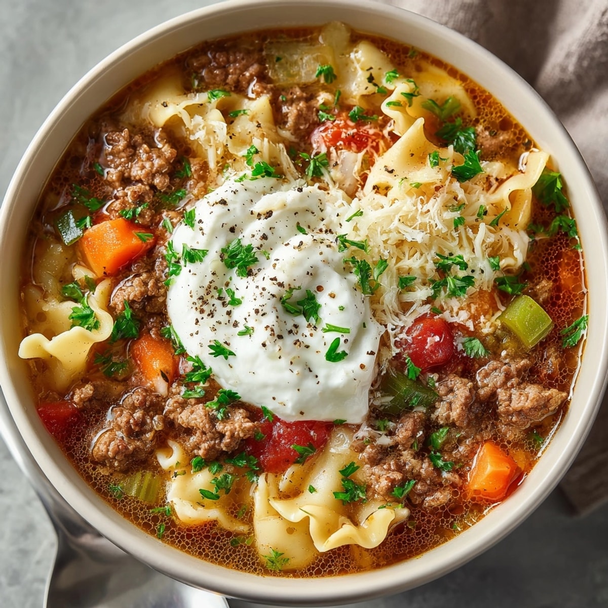 Close-up of hearty One-Pot Lasagna Soup bubbling, topped with dollops of creamy ricotta.