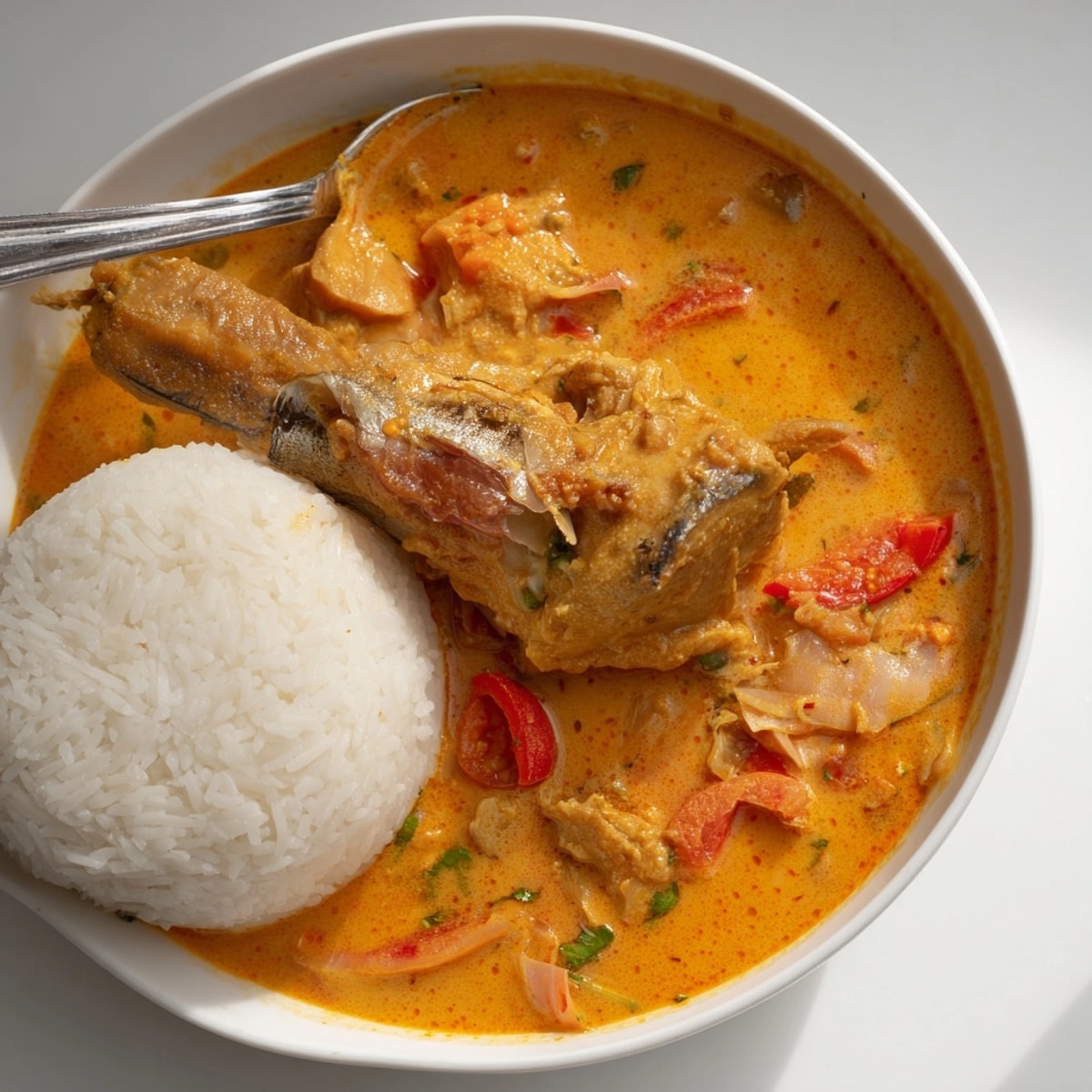 Close-up of creamy, rich Peanut Butter Soup simmering, served hot with fluffy white rice.