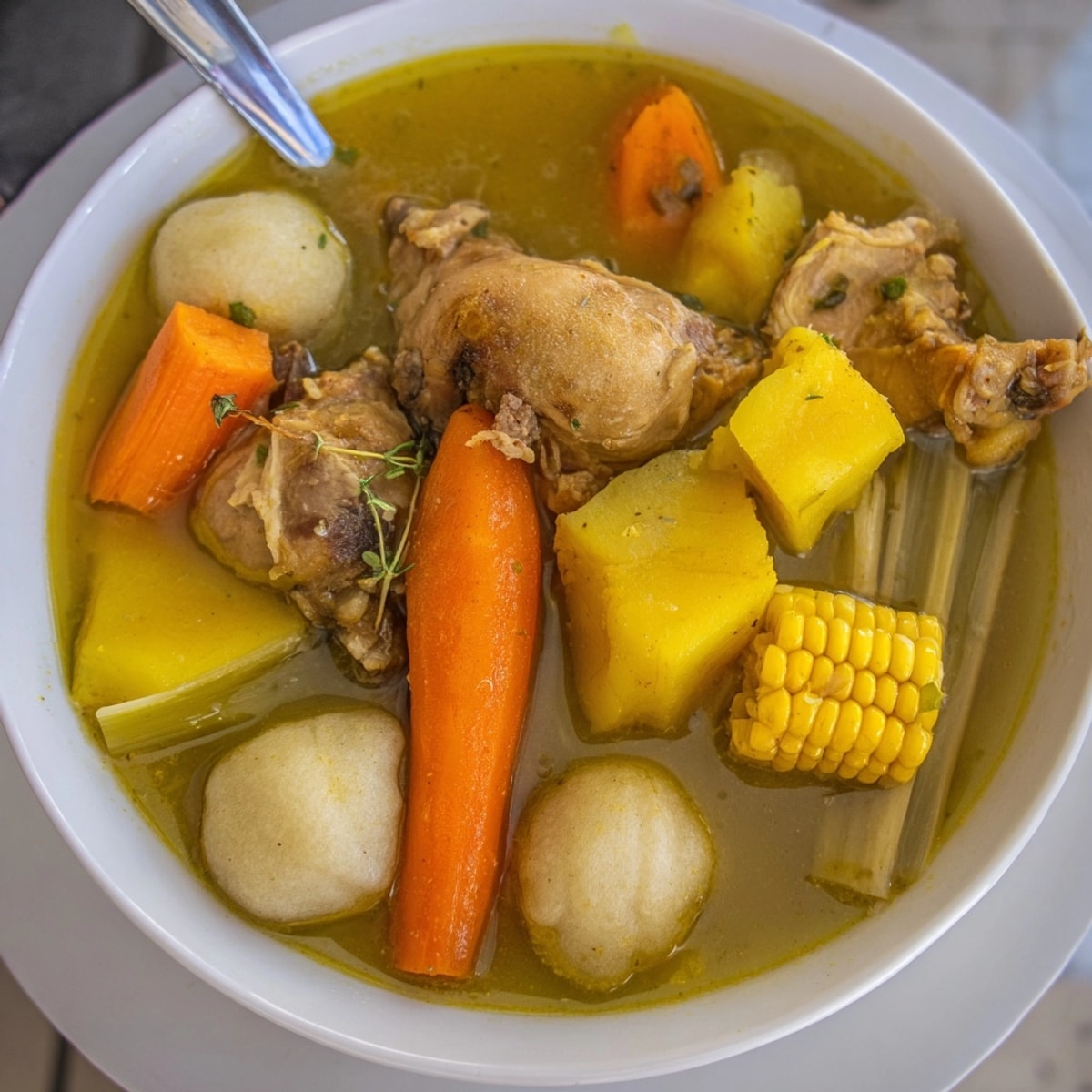 Steaming bowl of Jamaican Chicken Soup; rich broth, colorful vegetables, comforting aroma.