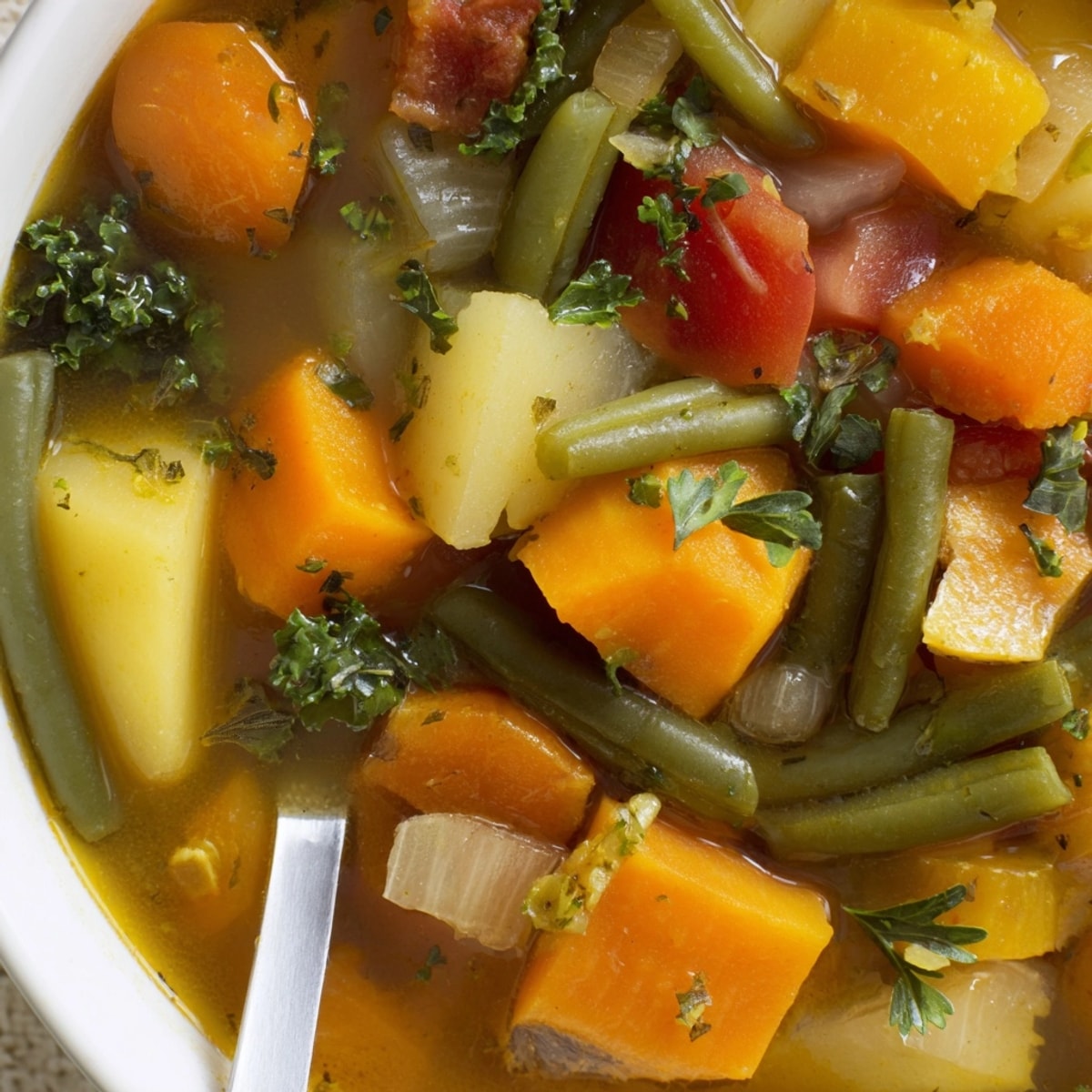 Warm bowl of Fall Vegetable Soup with bright vegetables, ready to serve.
