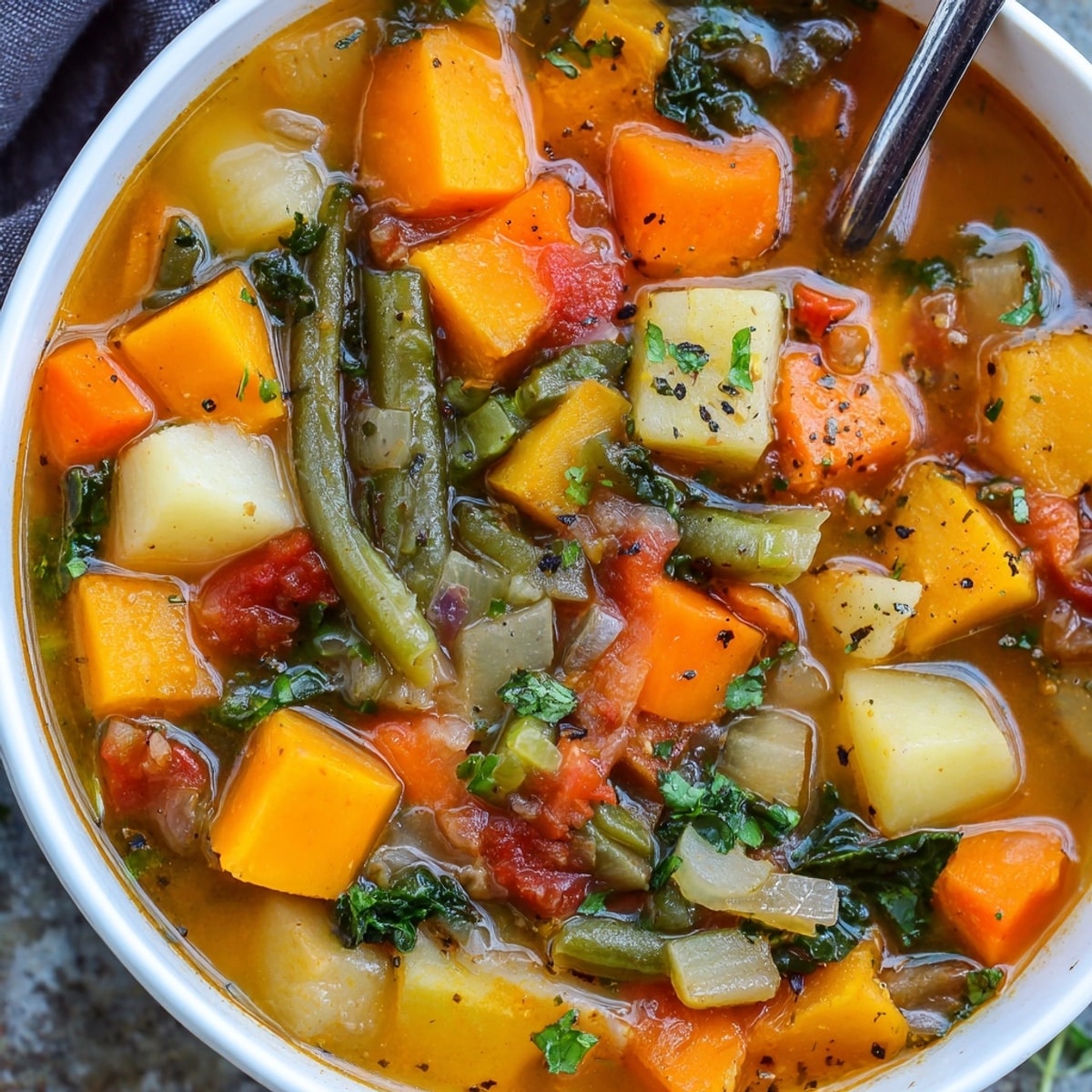 Close-up of rustic Fall Vegetable Soup, steam rising, garnished invitingly with fresh parsley.