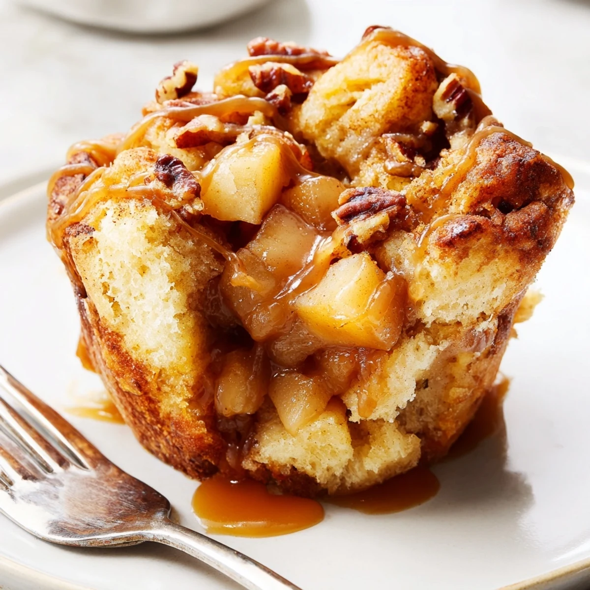 Warm Caramel Apple Bread Pudding Muffins topped with gooey caramel and cinnamon sprinkle.