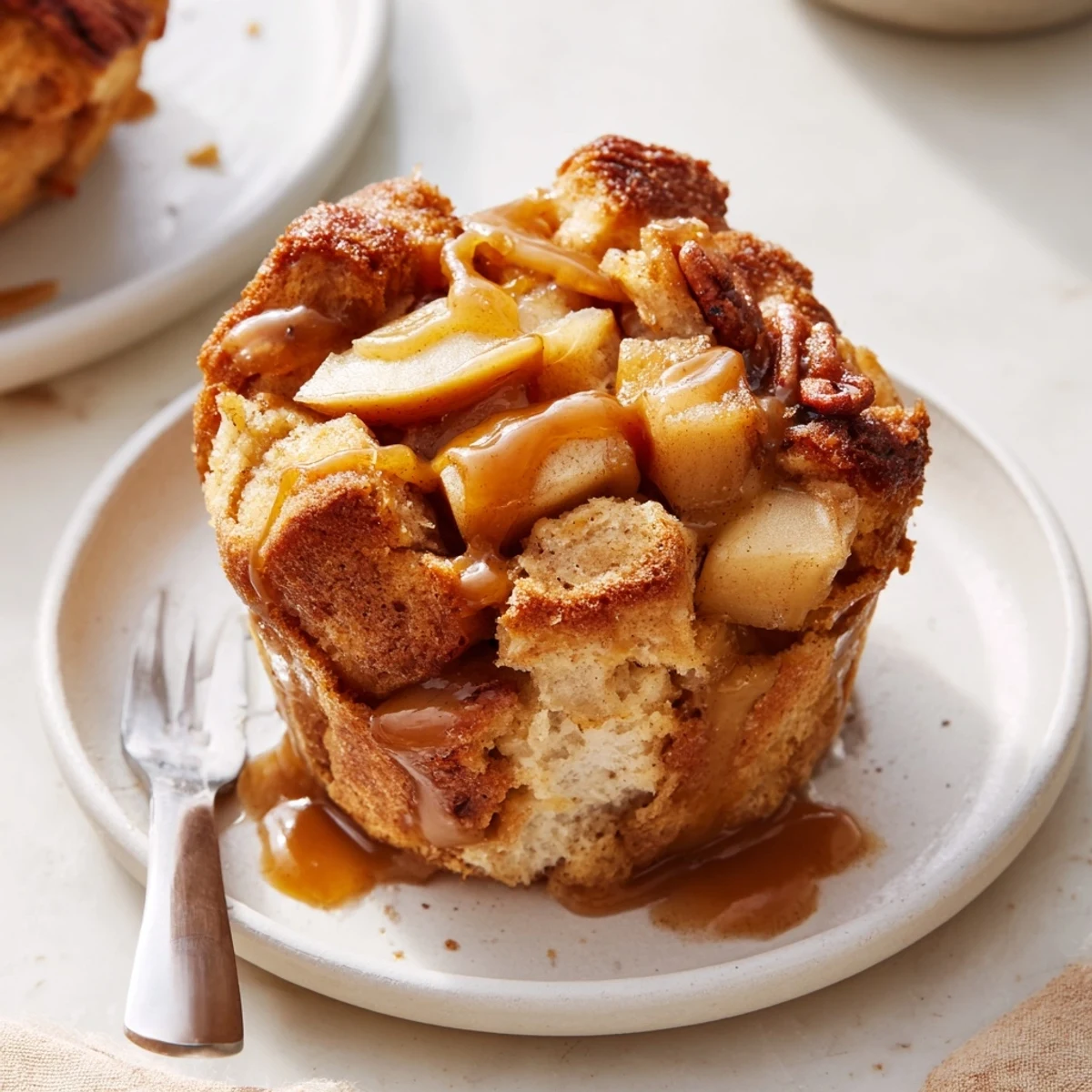 Delicious bread pudding muffins bursting with apples and rich caramel flavor.