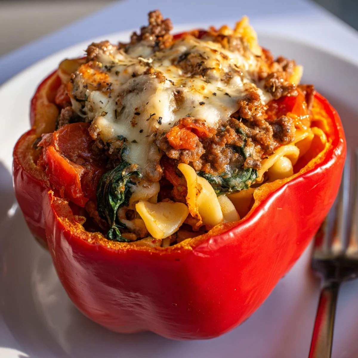 Delicious Lasagne Soup Stuffed Bell Peppers topped with melted cheese, perfect for family meals.