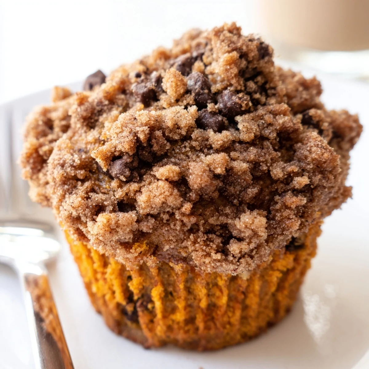 Delicious pumpkin chocolate chip muffins topped with spiced streusel, ideal for cozy snacking.  