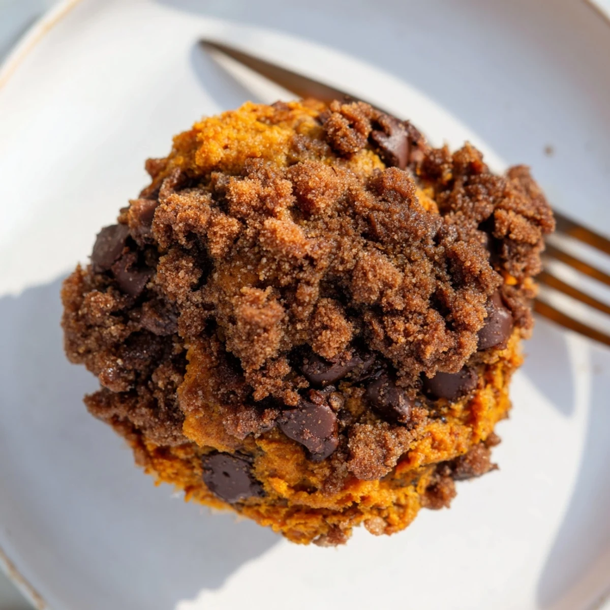 Warm pumpkin chocolate chip muffins adorned with cinnamon streusel, perfect for fall mornings.