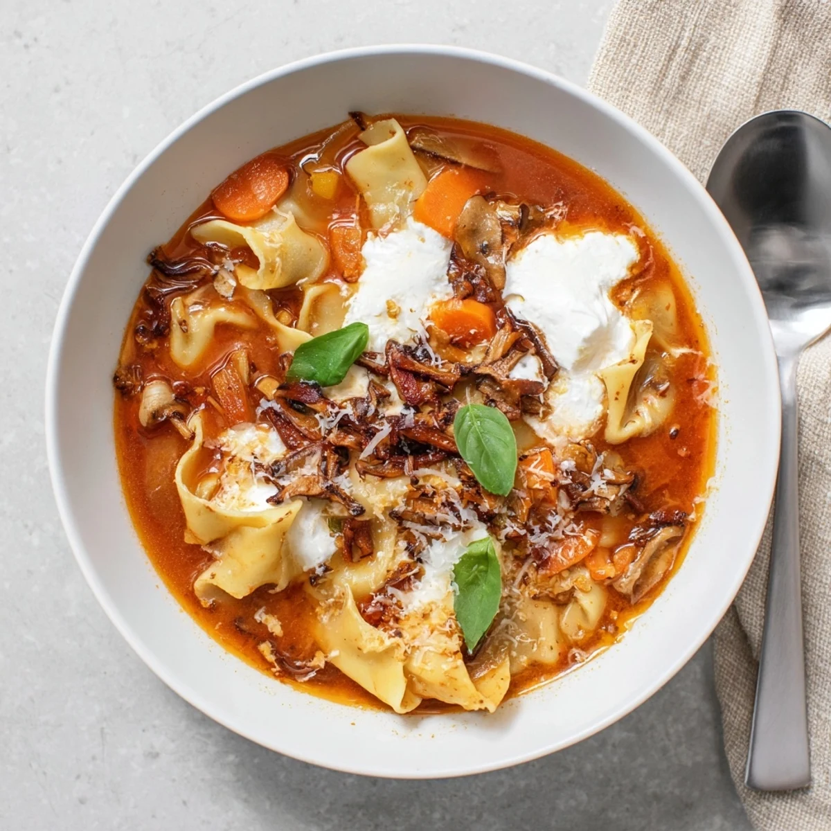 Hearty Lasagne Soup with roasted mushroom bits, perfect for cozy family dinners.