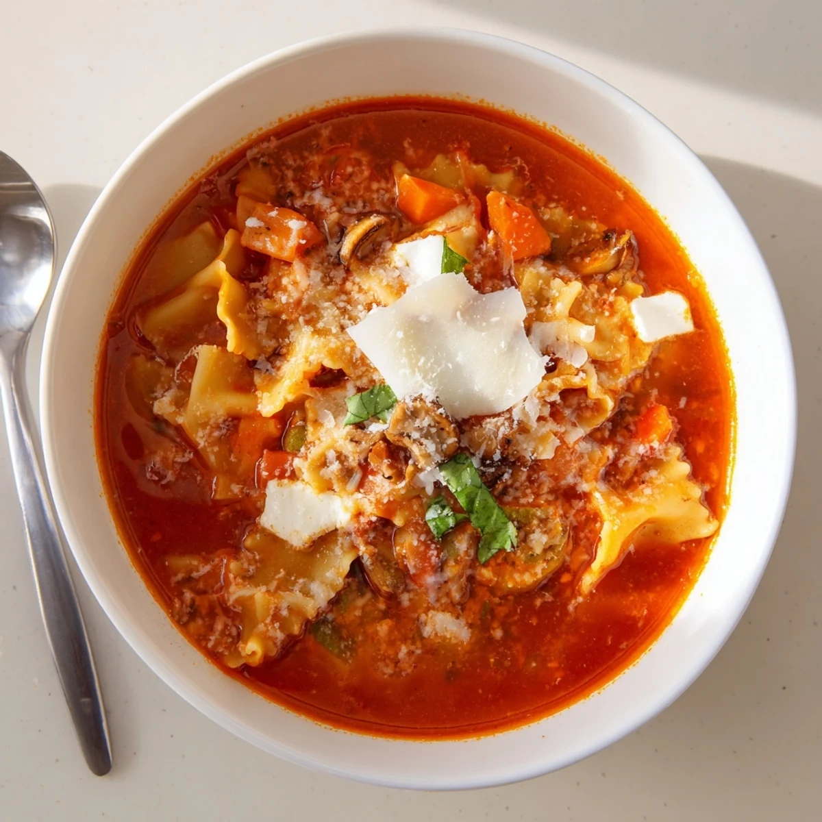 Comforting bowl of Lasagne Soup topped with crispy roasted mushrooms and fresh basil.