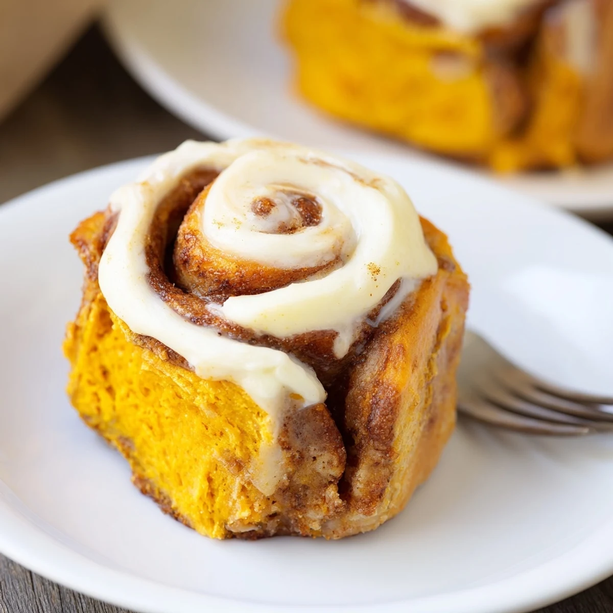Warm, spiced pumpkin muffin filling peeking from fluffy cinnamon rolls on a plate.