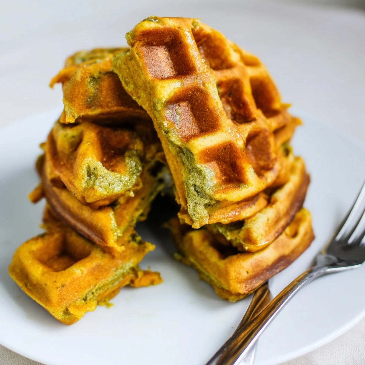 Fluffy matcha pumpkin muffin waffles topped with maple syrup for a cozy brunch.  