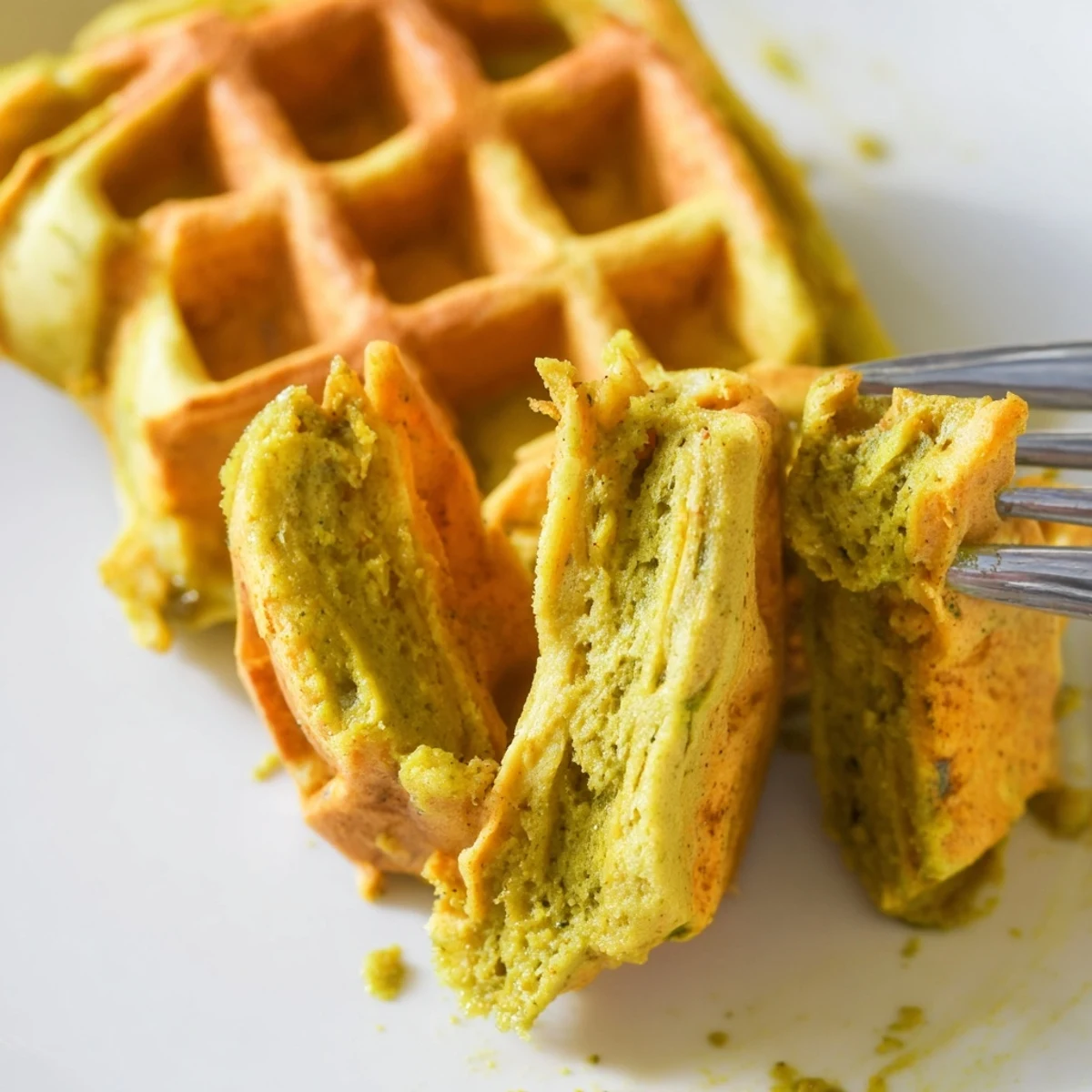 Golden-brown matcha pumpkin muffin waffles served warm with whipped cream and cinnamon.  