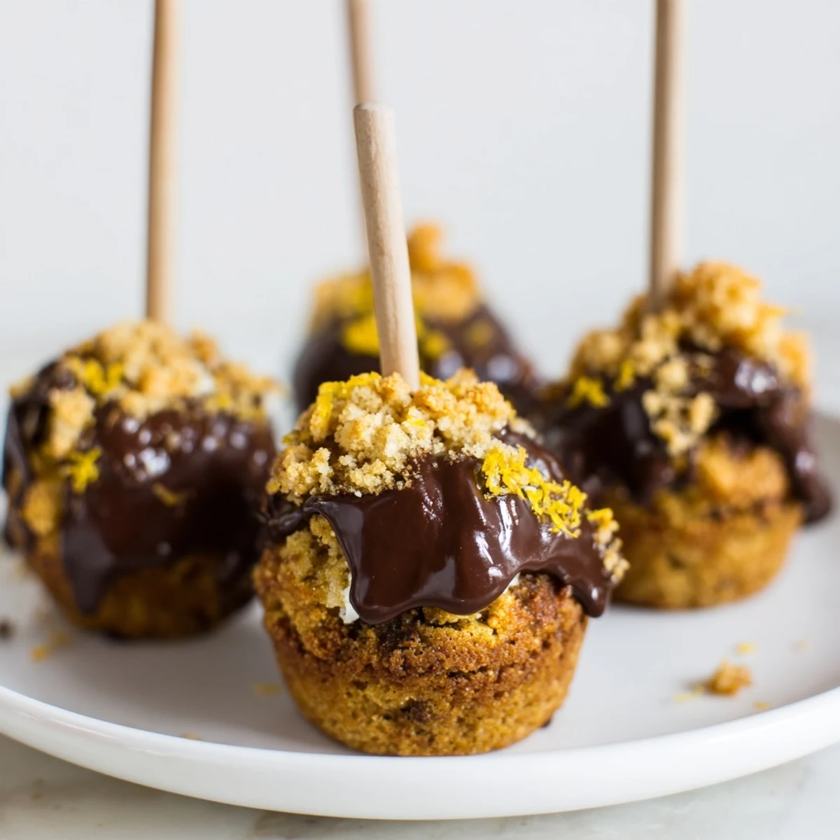Delicious lemon ginger s'mores muffin pops coated in rich chocolate glaze.