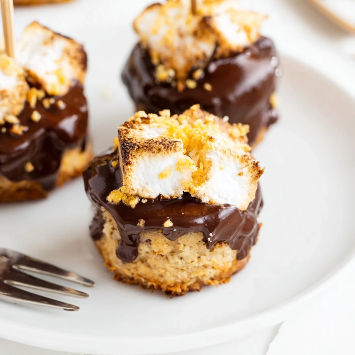 Zesty lemon ginger s'mores muffin pops topped with gooey marshmallow and chocolate.