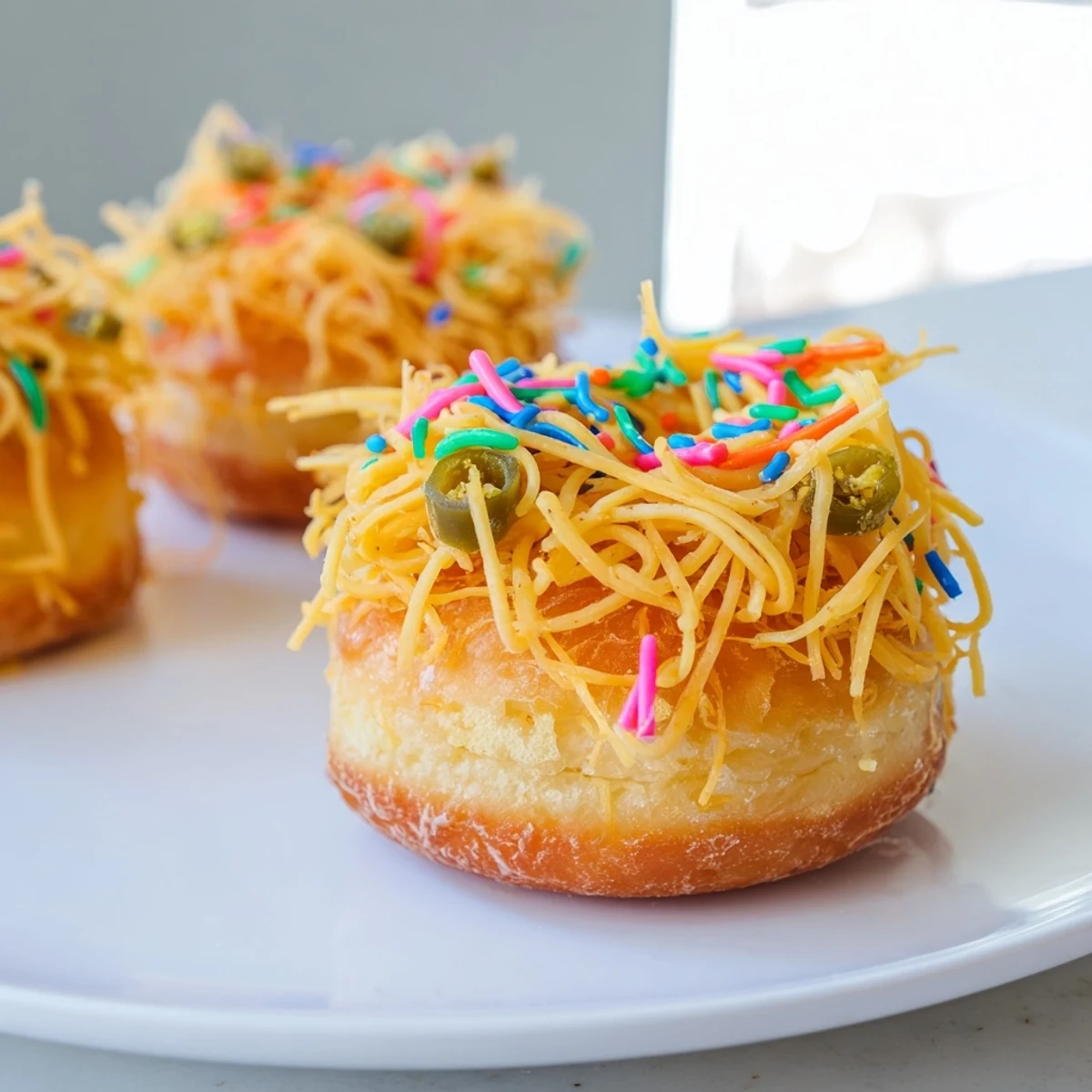 Fluffy Cheddar Jalapeño Birthday Biscuit Donuts topped with vibrant rainbow sprinkles.