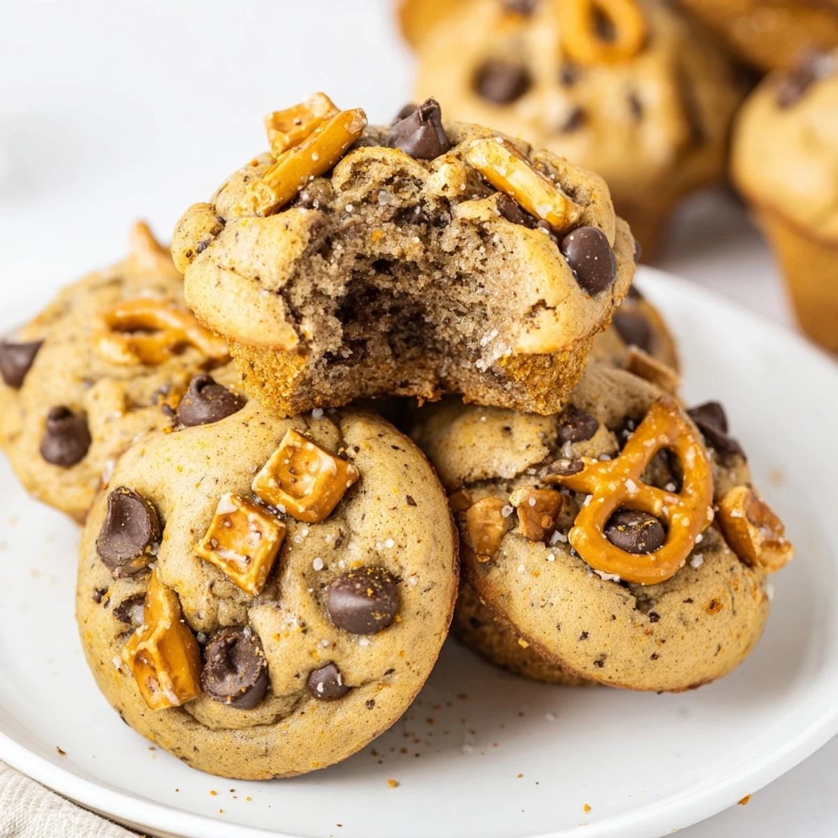 Flamin Hot Pretzel Cookie Muffins topped with extra seasoning and crunchy pretzel bits.