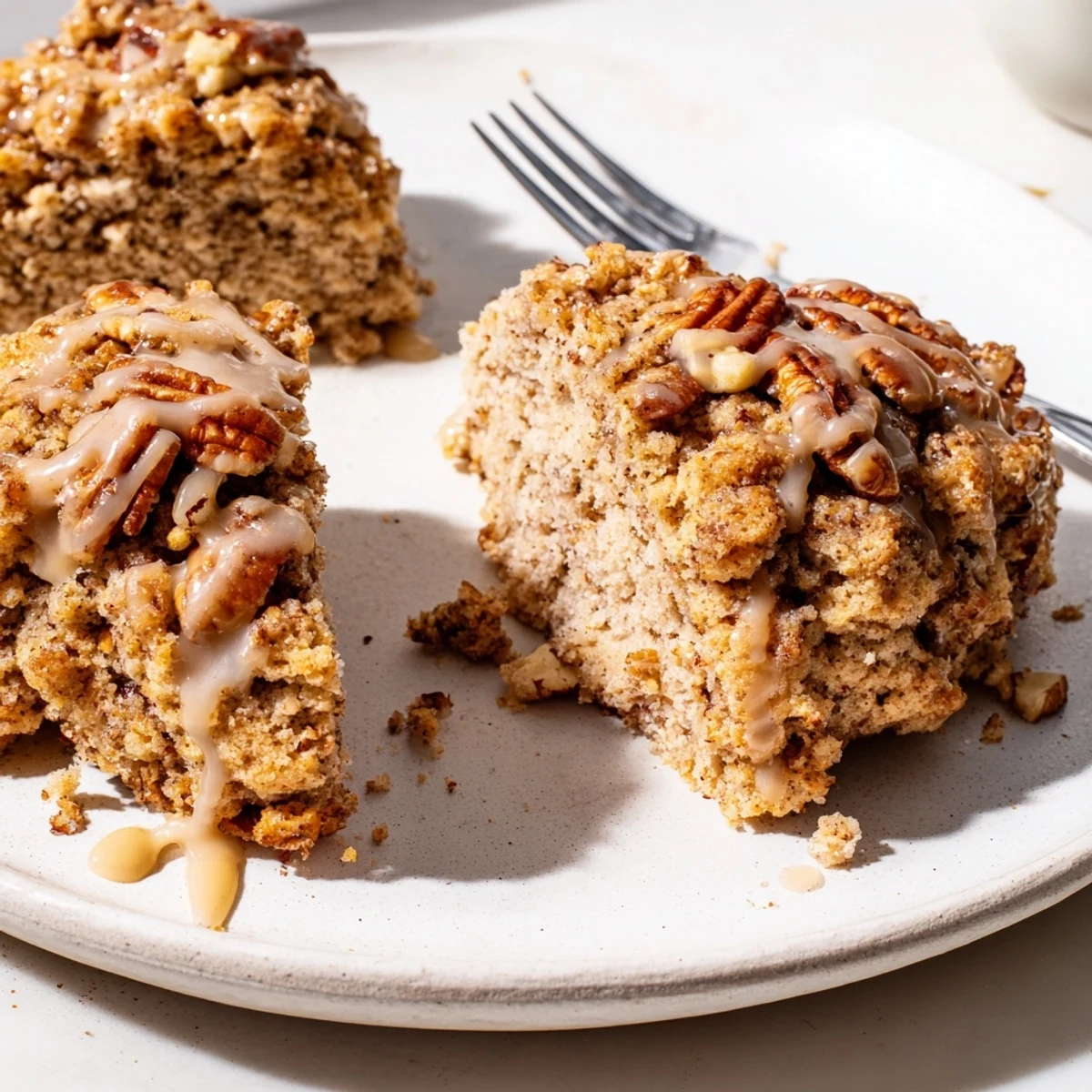 Buttery Maple Pecan Coffee Cake Scones, drizzled with sweet glaze, perfect for brunch.