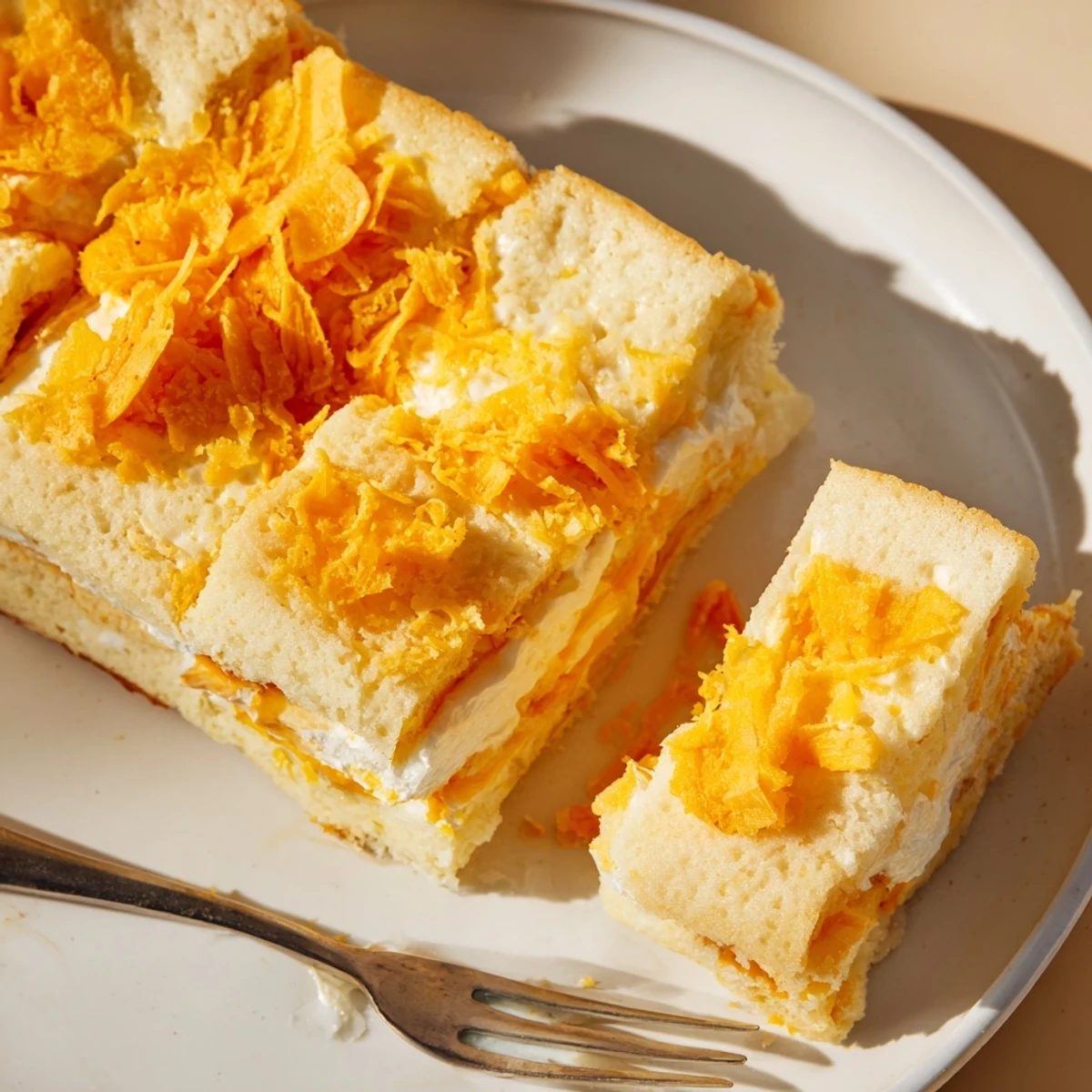 Warm, fluffy pancake bars with tangy cream cheese and cheddar, delightful for snacks.