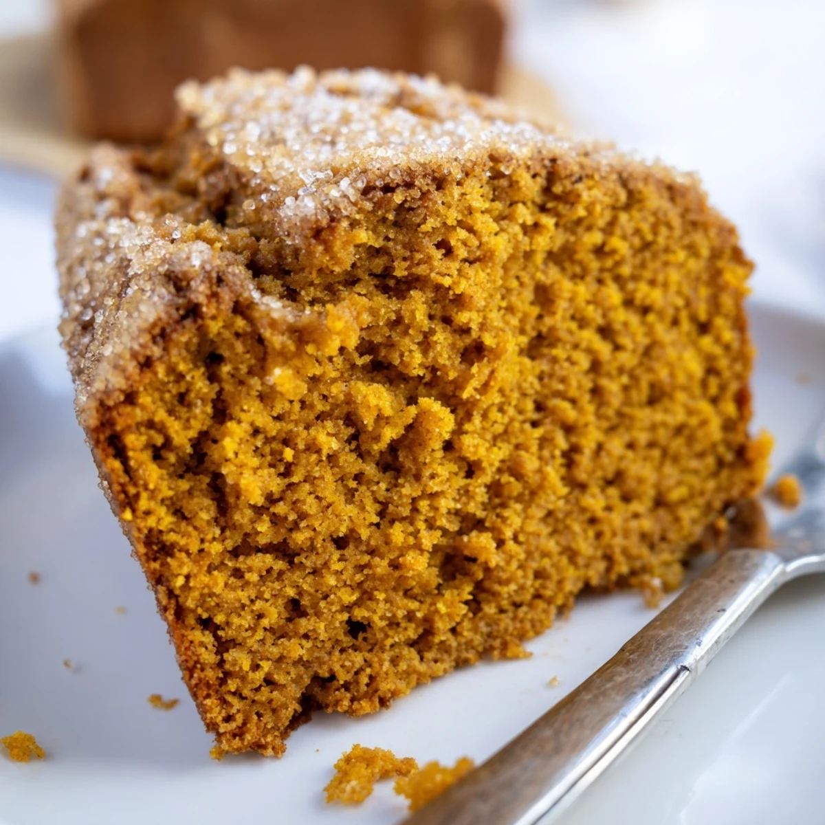 Moist Cinnamon Ginger Pumpkin Biscuit Loaf with a crunchy, sweet topping.