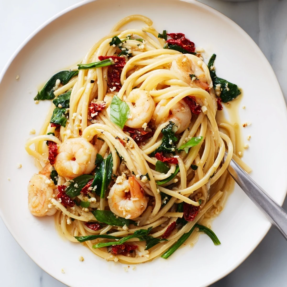 Light sundried tomato shrimp pasta served with fresh spinach and basil garnish.  