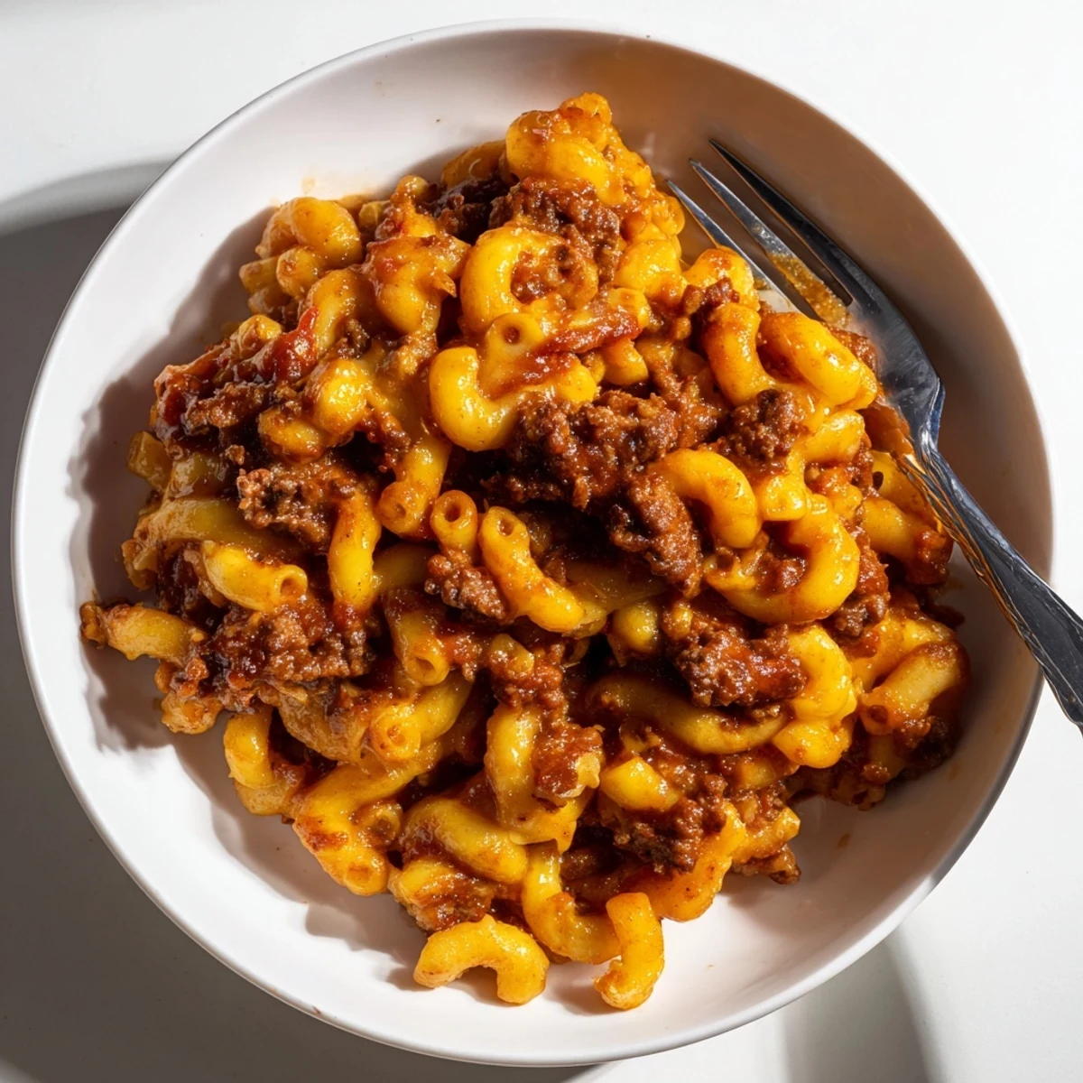 Sweet and smoky barbecue beef pasta, topped with melted cheddar cheese.  
