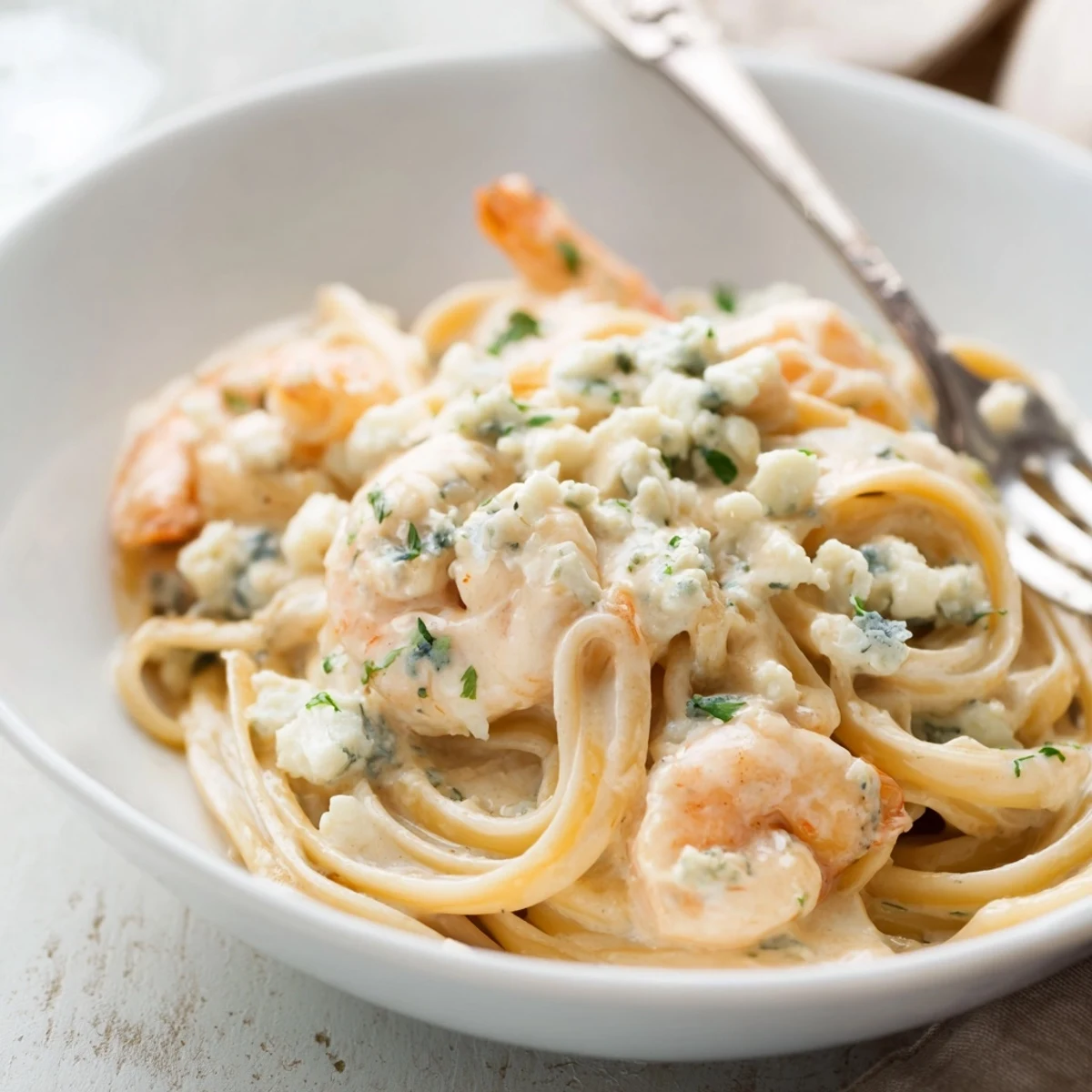 Creamy Blue Cheese Shrimp Pasta with linguine, garnished with parsley and walnuts.