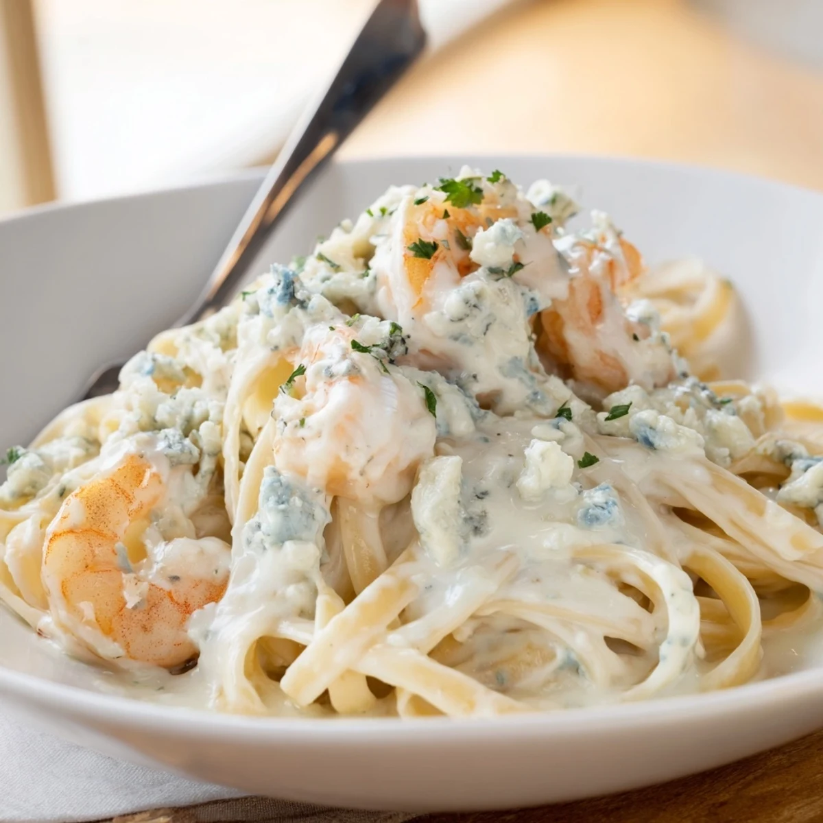 Tender shrimp sautéed in garlic cream sauce over creamy blue cheese pasta.