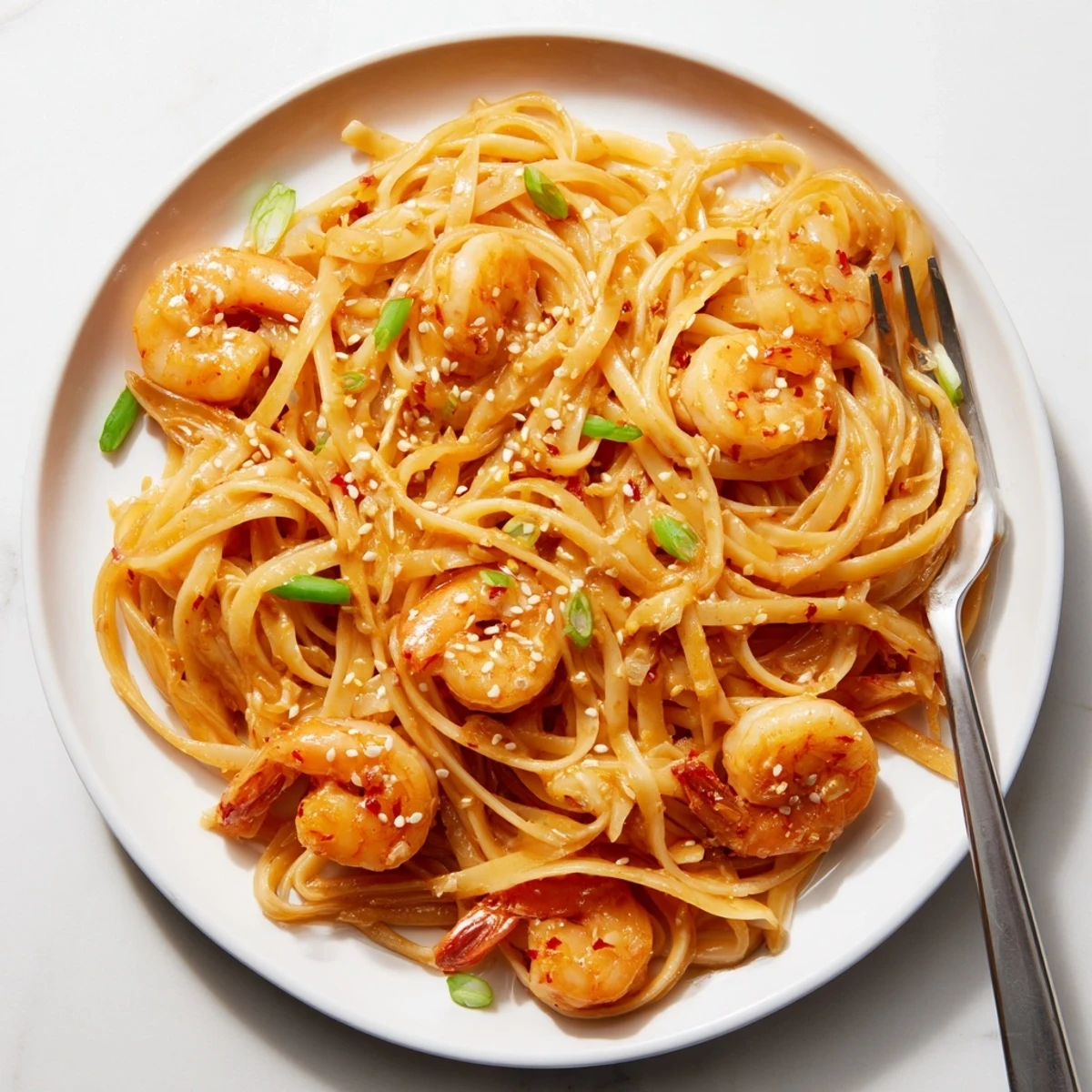 Creamy Orange-Ginger Shrimp Pasta garnished with sesame seeds and bright scallions.