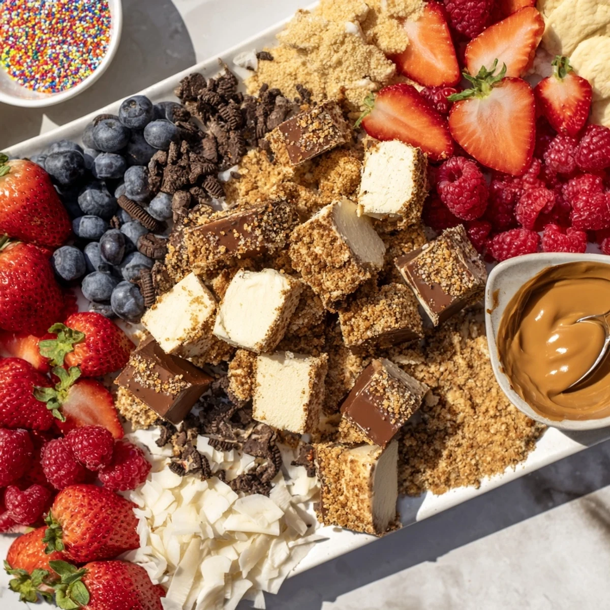 Creamy cheesecake bites served on a stylish board with vibrant toppings.  