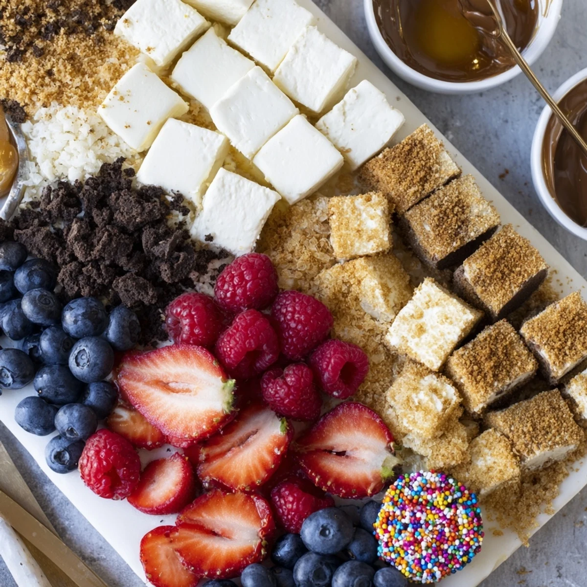 Deconstructed dessert board showcasing cheesecake bites with fresh fruit and toppings.  