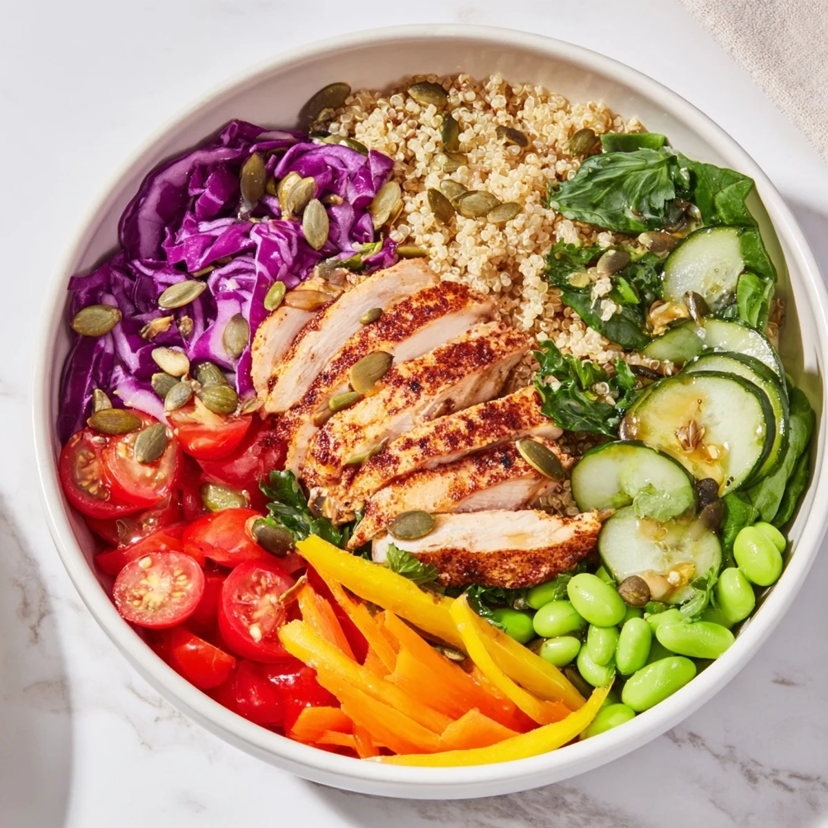Delicious Healthy Meal-Prep Bowls featuring vibrant layers of veggies and zesty dressing.  