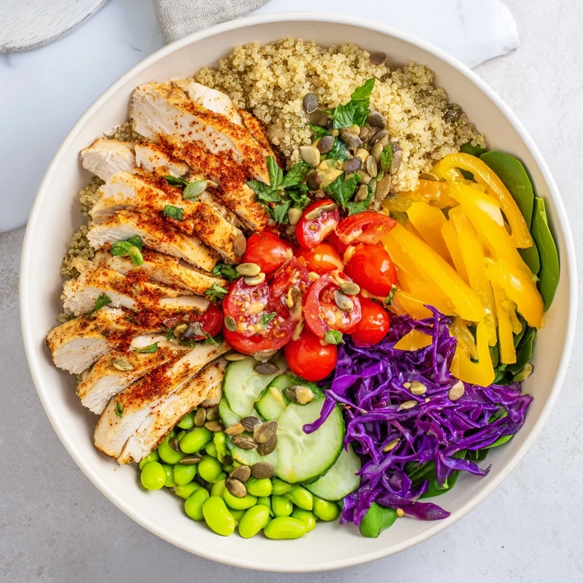 Colorful Healthy Meal-Prep Bowls packed with quinoa, grilled chicken, and fresh vegetables.  