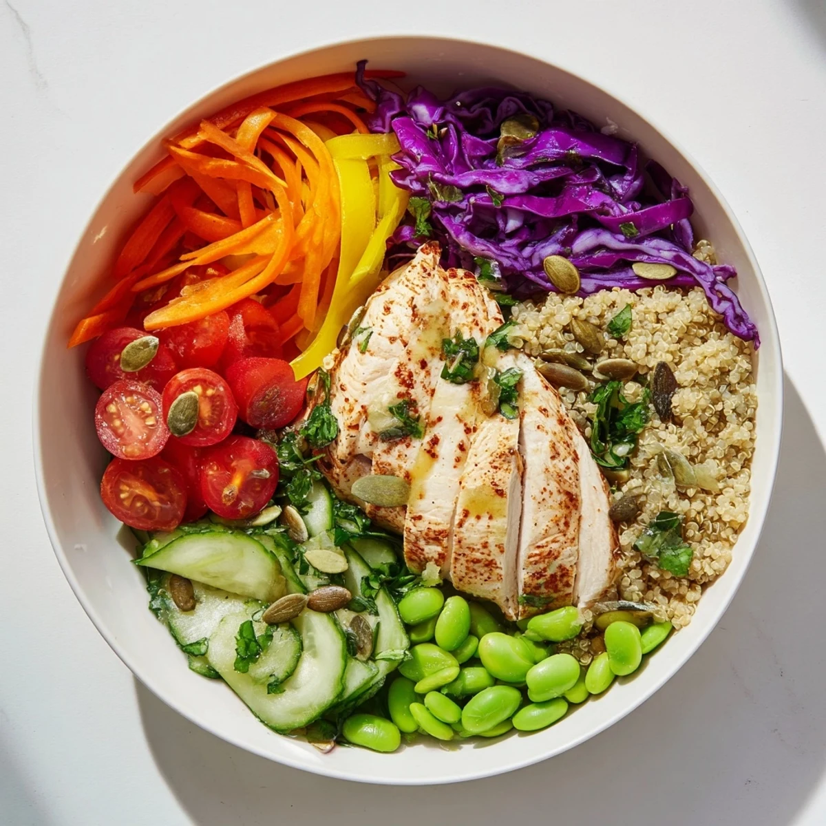 Satisfying Healthy Meal-Prep Bowls with lean protein, colorful greens, and crunchy pumpkin seeds.