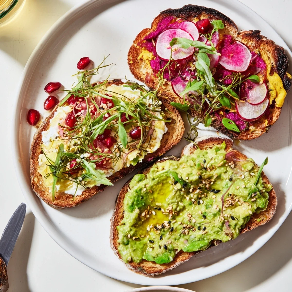 Delectable Bright & Bold Breakfast Toasts bursting with colorful toppings like pomegranate and microgreens.  