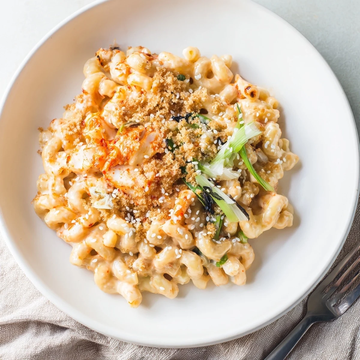Creamy Spicy Kimchi Mac & Cheese topped with crunchy sesame breadcrumbs and onions.  