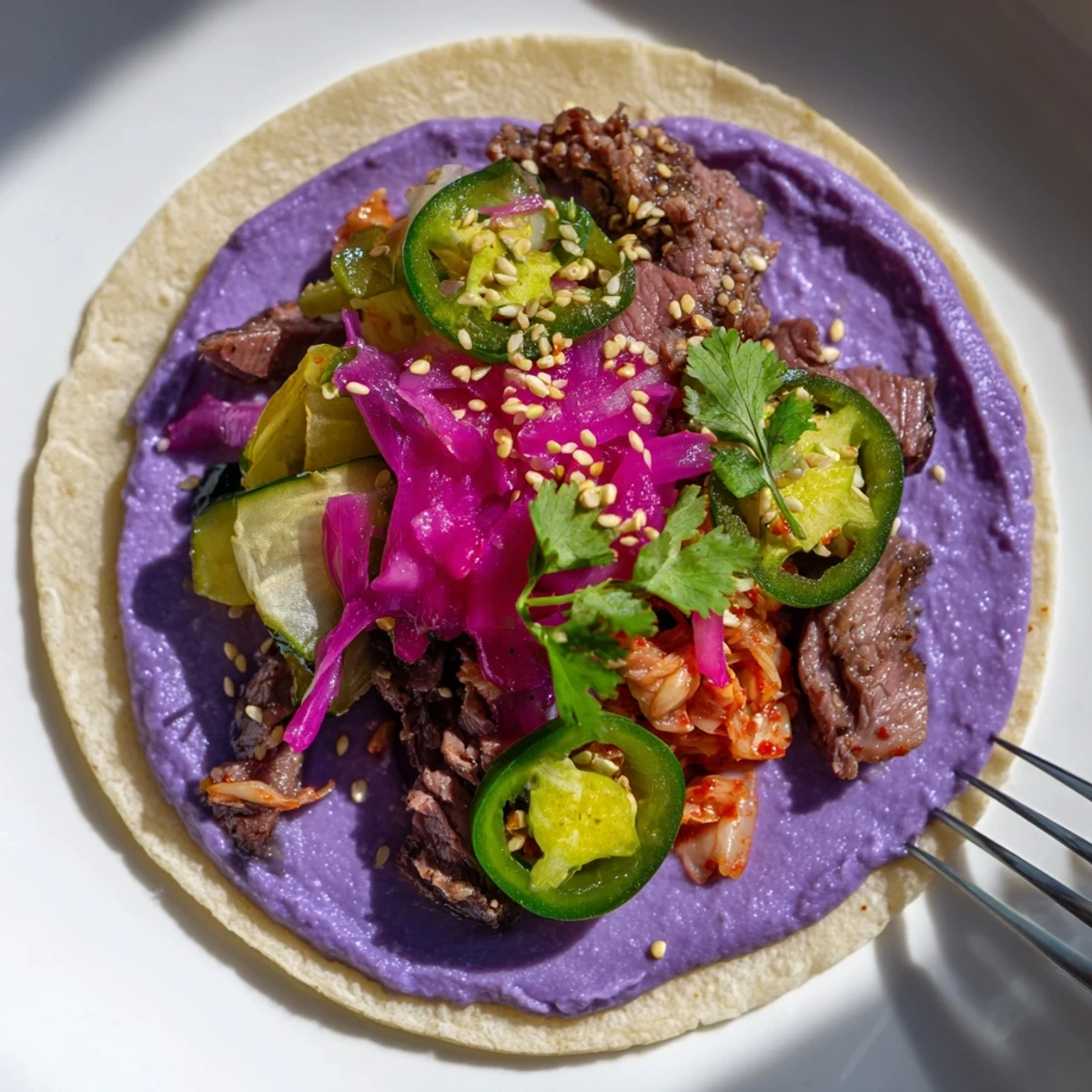 Vibrant Global Street-Food Fusion Tacos drizzled with colorful ube crema and fresh toppings.  