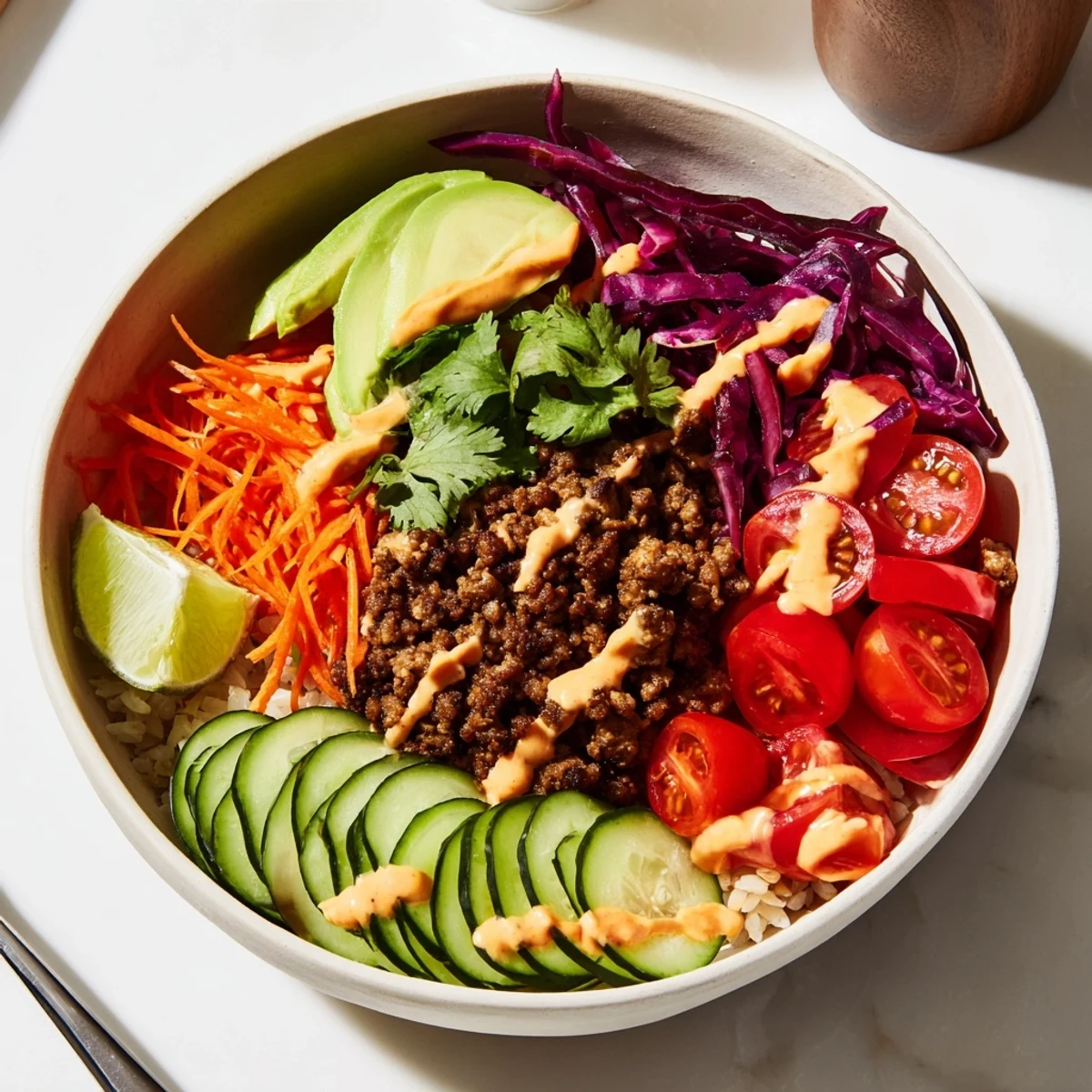 A colorful plant-based meat bowl topped with fresh veggies and creamy sauce.  