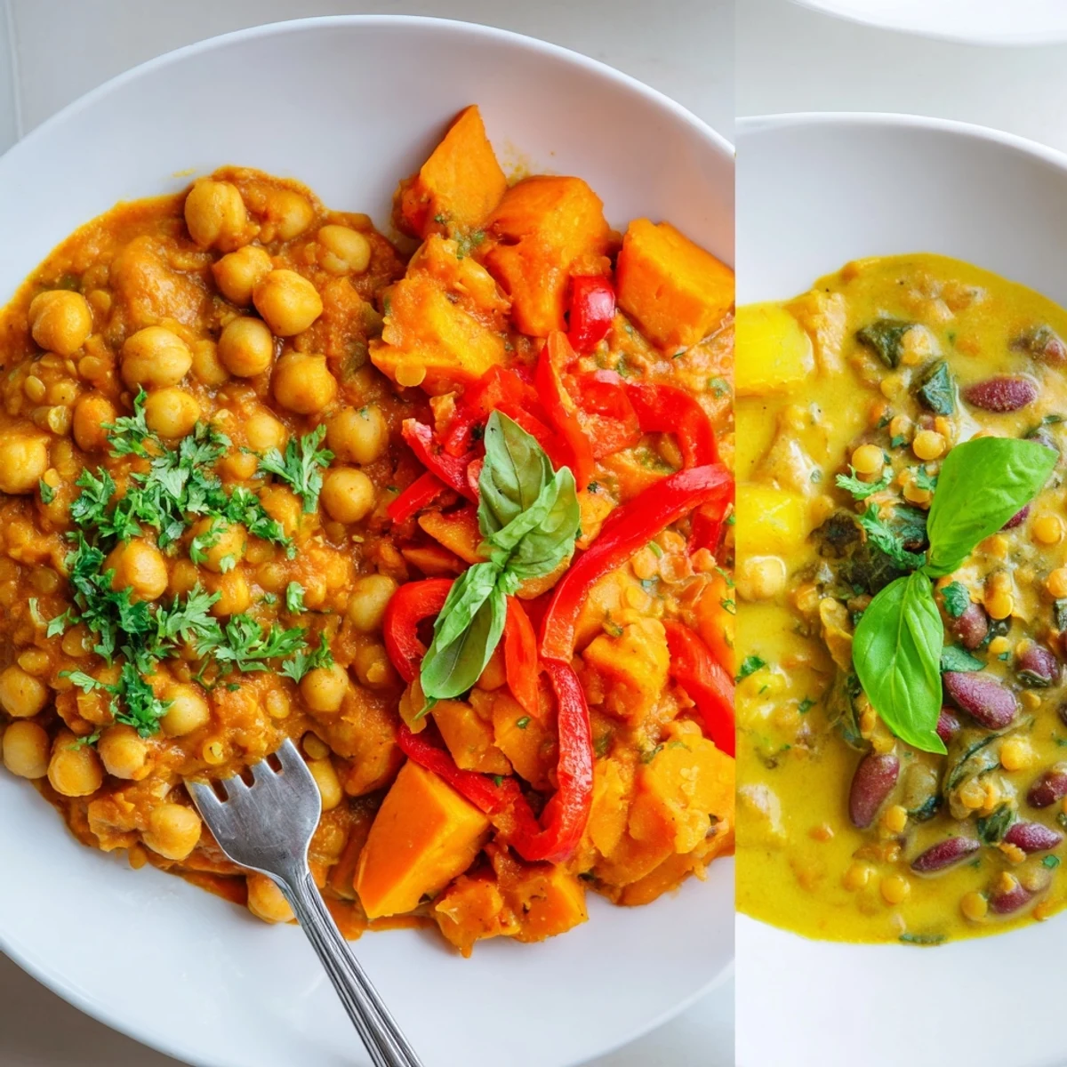 Hearty Caribbean Sweet Potato Curry with black beans, coconut milk, and a sprinkle of parsley.