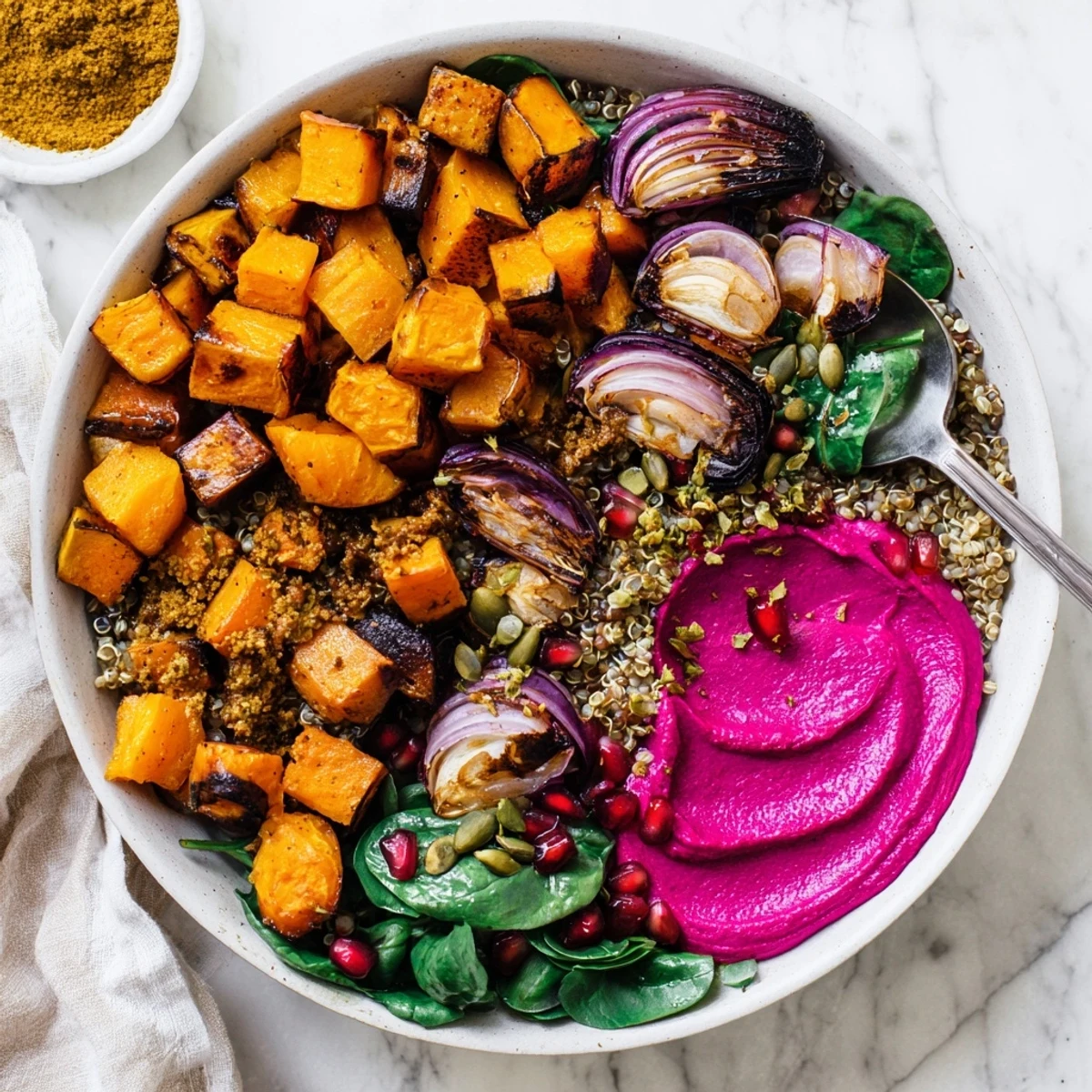 Nutrient-rich spiced winter bowls topped with pistachio crumble and pomegranate seeds.  