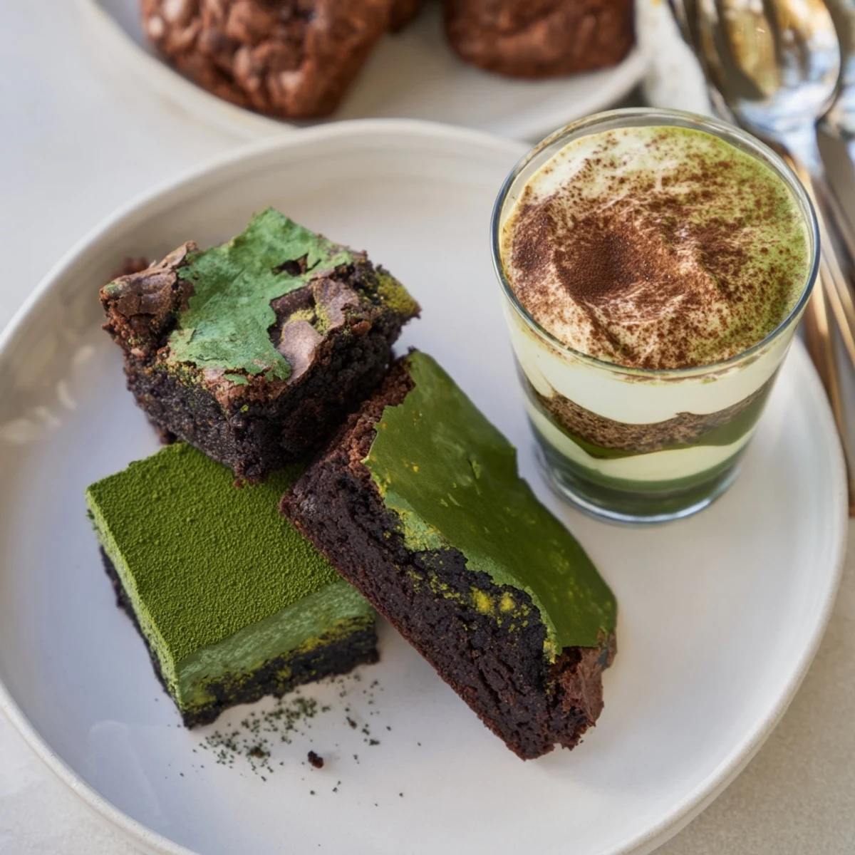 Matcha-miso brownies topped with a fudgy layer and vibrant green matcha swirl.