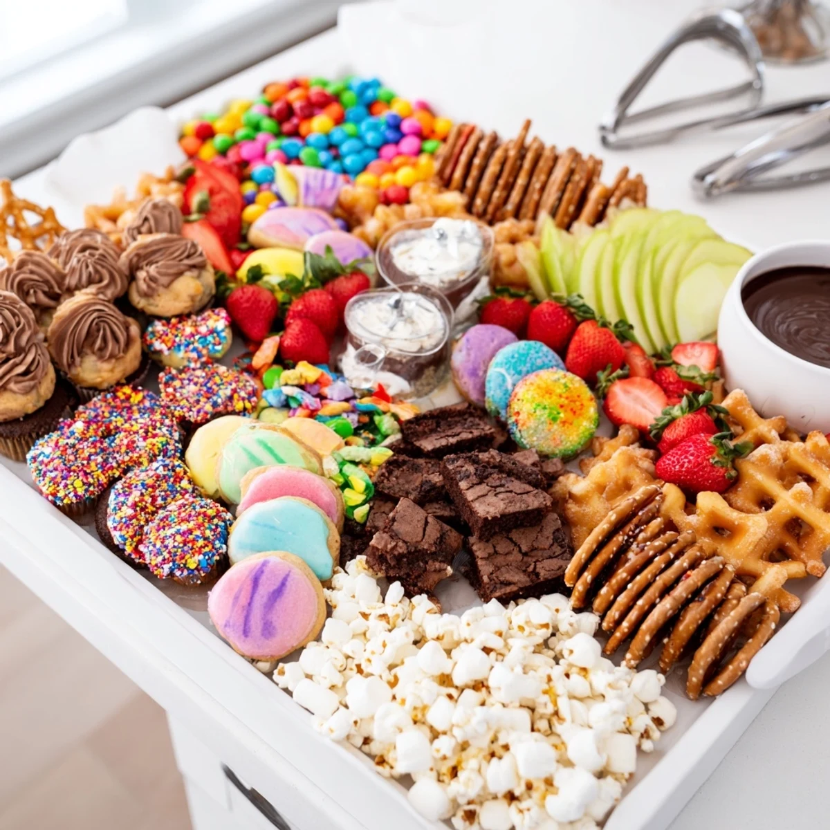 A beautifully arranged dessert board with themed snacks and colorful sweet treats.  