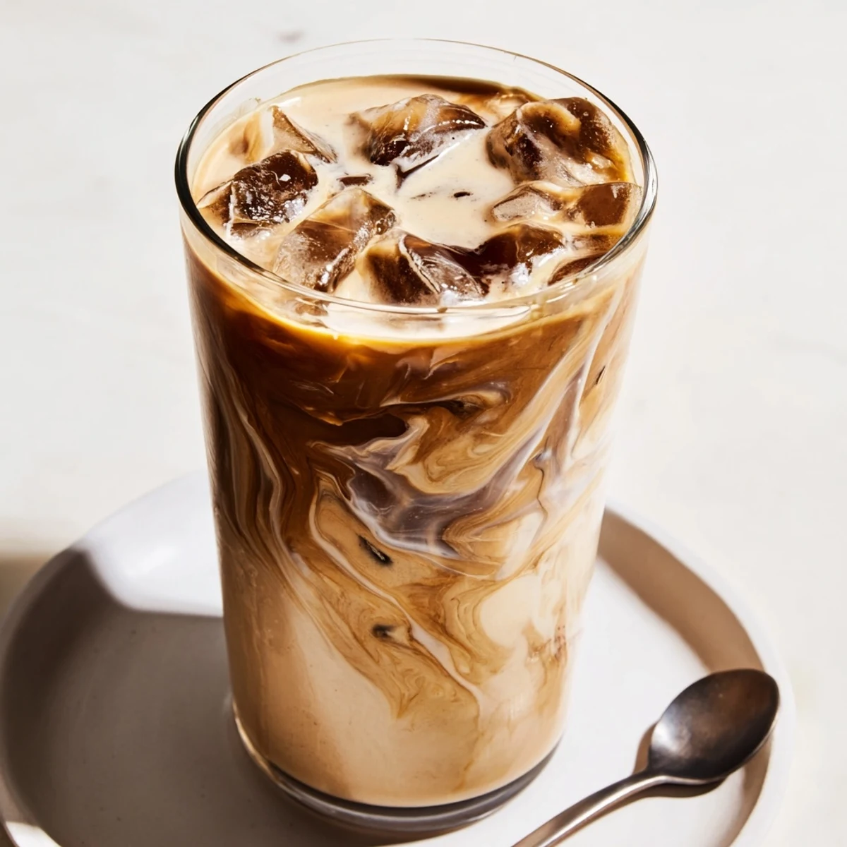 Rich Tahini Iced Coffee topped with creamy plant-based milk and ice cubes.  