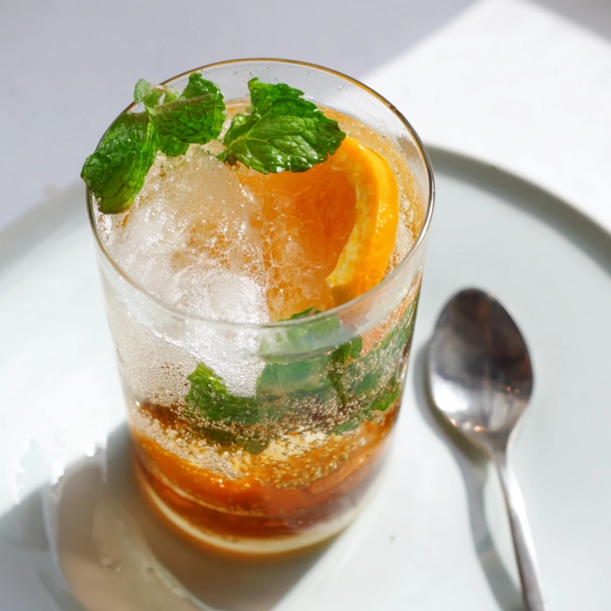 Homemade probiotic soda mocktail garnished with orange slices and fresh mint leaves.  