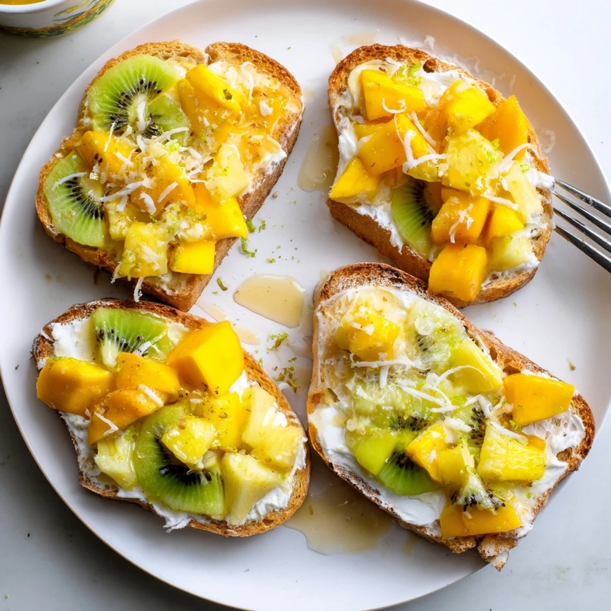 Creamy yogurt-custard toast topped with vibrant tropical fruits, perfect for brunch.  