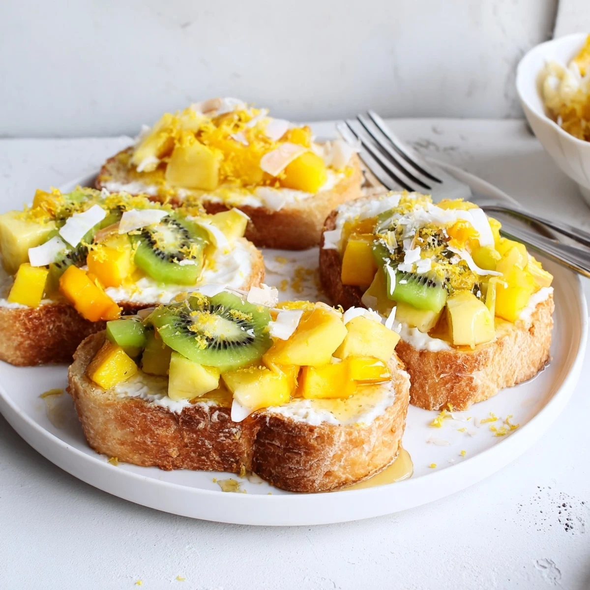 Delightful yogurt-custard toast 2.0, featuring mango and kiwi for a fresh twist.  