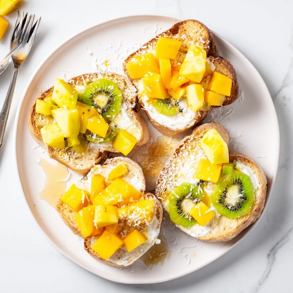 Warm brioche slices with coconut yogurt and fresh pineapple, a tasty breakfast treat.