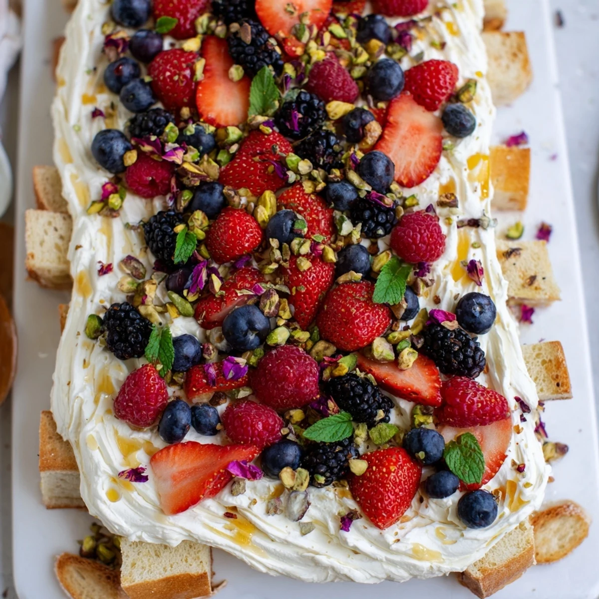 Creamy butter board dessert with mixed berries and delightful toppings served on toast.  
