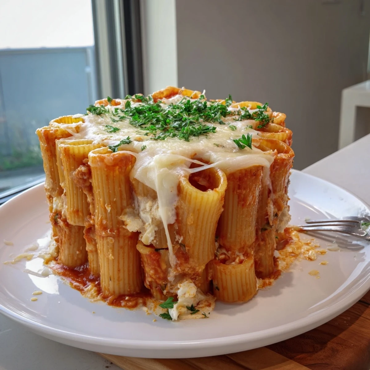 Delicious Honeycomb Pasta Cake topped with gooey cheese and fresh parsley garnish.  