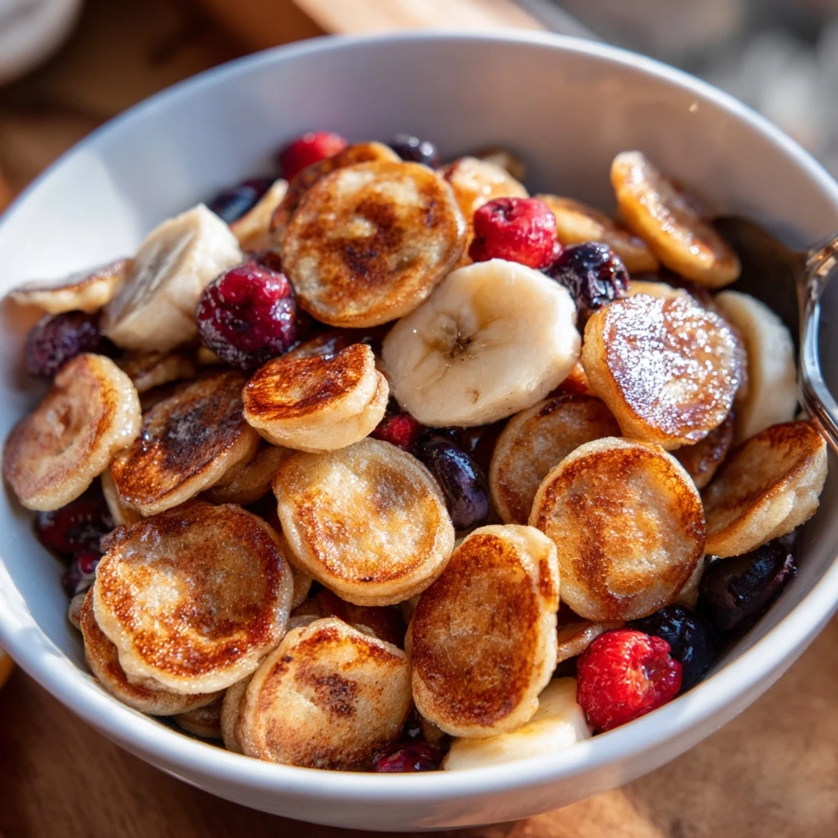 Fluffy mini pancakes resembling cereal, perfect with milk and vibrant banana slices.