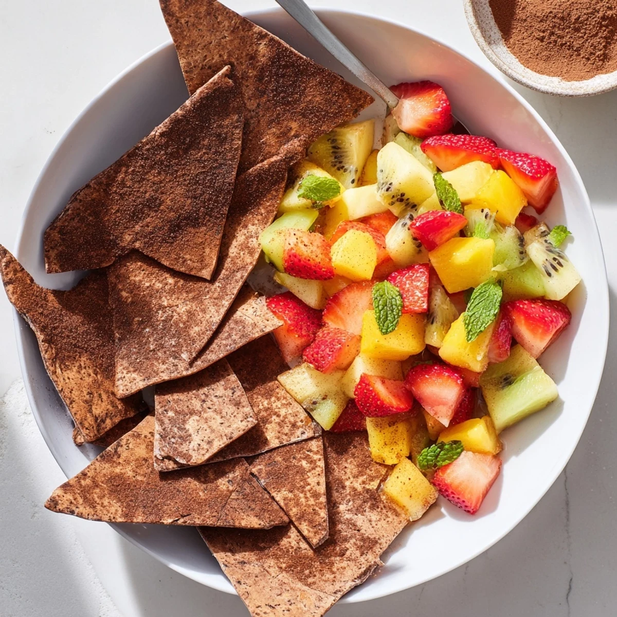 Crispy chocolate tortilla chips with vibrant fruit salsa for a delightful dessert.  
