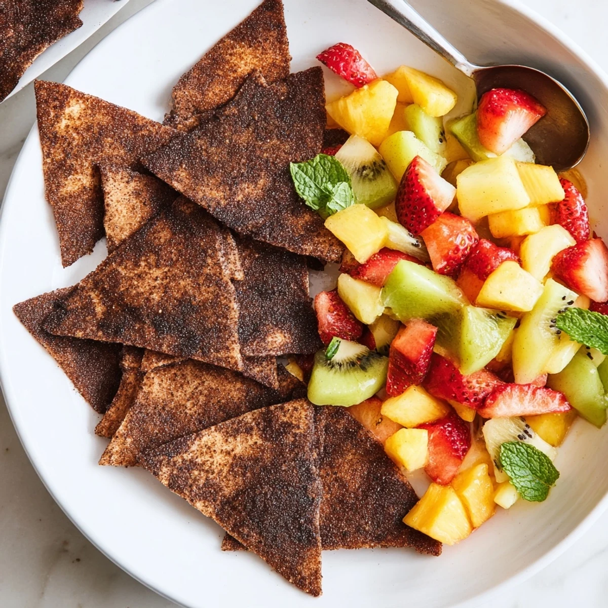 Enjoy colorful fruit salsa paired with warm, crispy chocolate dessert chips at parties.